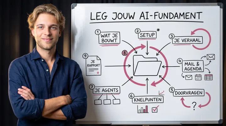 De cover van de onboarding op Skool: een whiteboard met de negen stappen naar je AI-fundament.